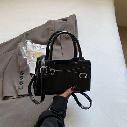 Faux Leather Top Handle Bow Buckled Crossbody Bag