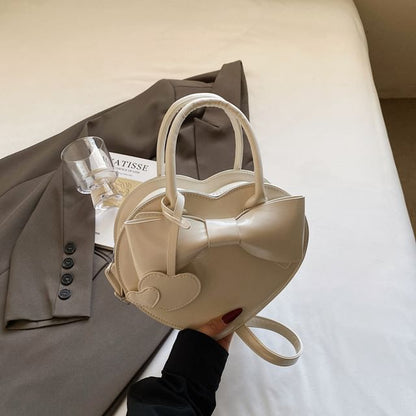 Faux Leather Top Handle Bow Heart Crossbody Bag