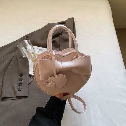 Faux Leather Top Handle Bow Heart Crossbody Bag