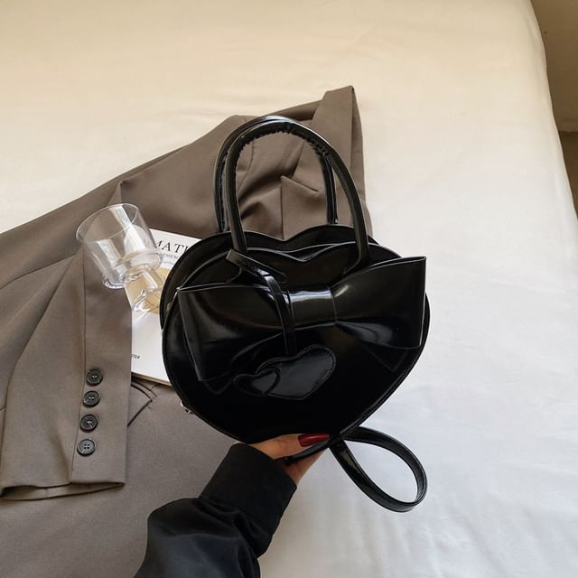 Faux Leather Top Handle Bow Heart Crossbody Bag