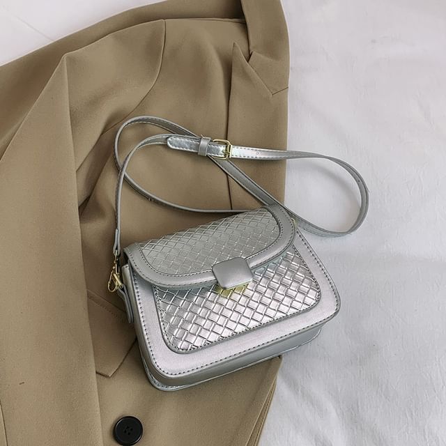 Faux Leather Woven Flap Crossbody Bag