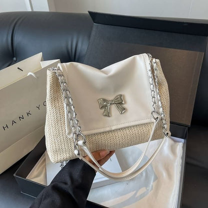 Bow Flap Woven Shoulder Bag