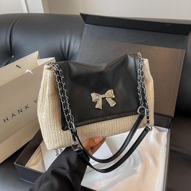 Bow Flap Woven Shoulder Bag