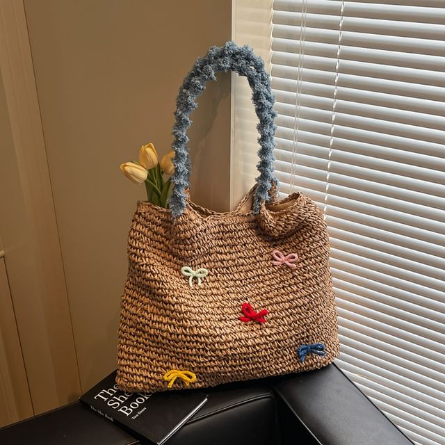 Bow Tassel Strap Woven Tote Bag
