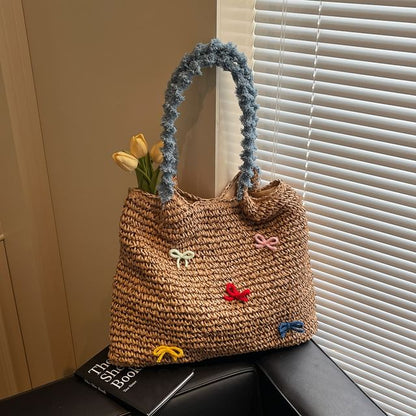 Bow Tassel Strap Woven Tote Bag