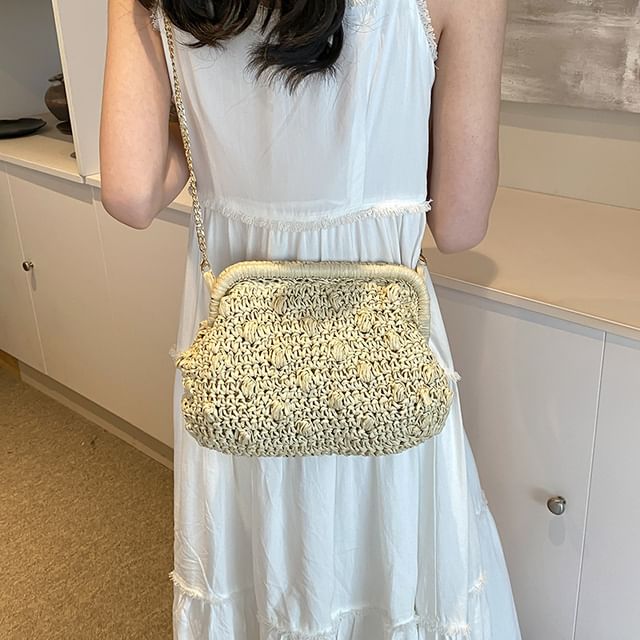 Chain Strap Textured Straw Crossbody Bag