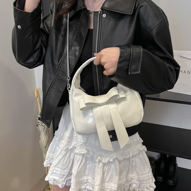 Chain Strap Plain Bow Accent Faux Leather Crossbody Bag