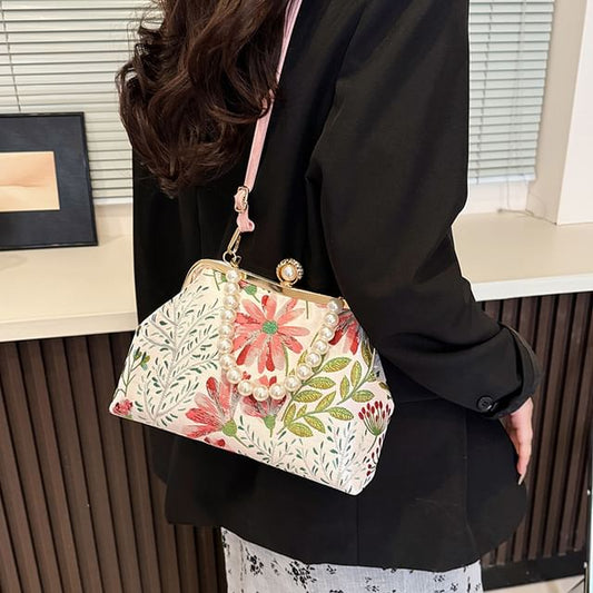 Faux Pearl Strap Floral Jacquard Crossbody Bag
