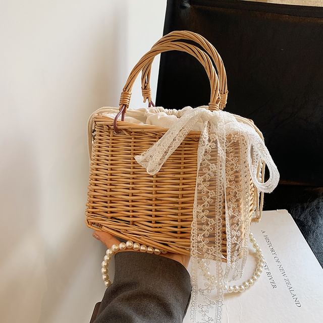 Set: Faux Pearl Strap Drawstring Straw Crossbody Bag + Scarf