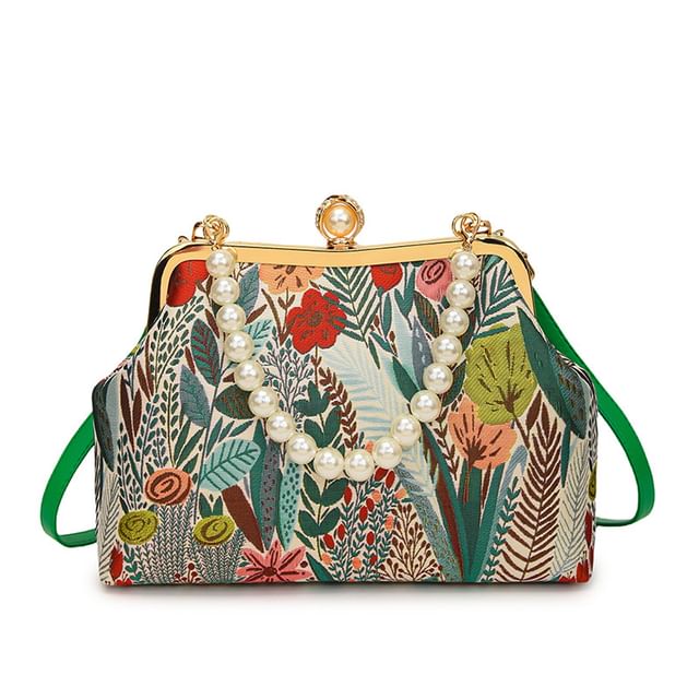 Faux Pearl Strap Floral Jacquard Crossbody Bag