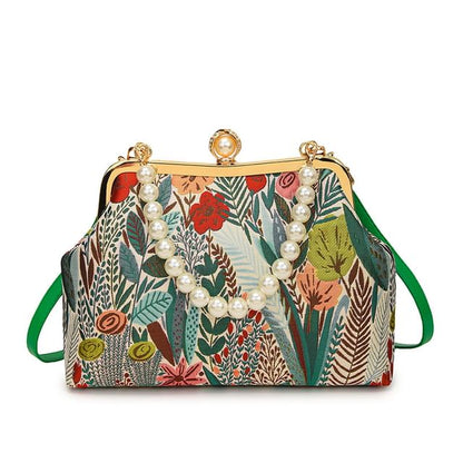 Faux Pearl Strap Floral Jacquard Crossbody Bag