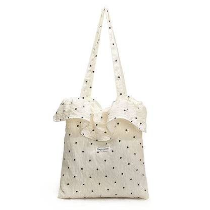 Floral Embroidered Ruffle Trim Tote Bag