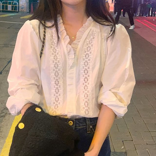 Lace Panel V-Neck Long Sleeve Blouse