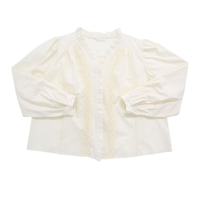 Lace Panel V-Neck Long Sleeve Blouse