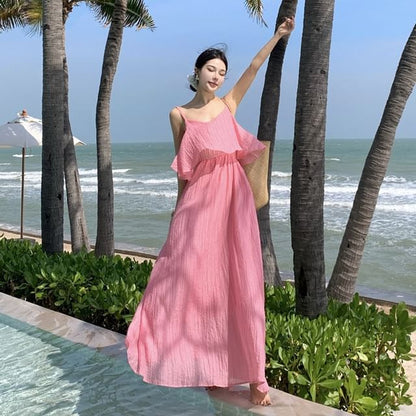 Plain Shirred Ruffled Midi Sundress with Spaghetti Straps