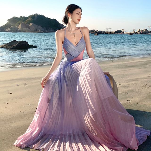 Two-Tone Wrap Accordion Pleat Maxi Sundress