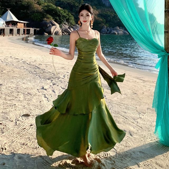 Ruffle Hem Shirred Midi Layered Mermaid Dress