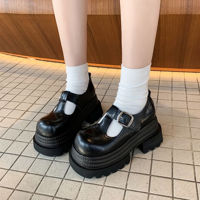 Platform T-Strap Plain Faux Leather Mary Jane Shoes