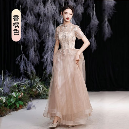 Short-Sleeve Mock Neck Sequin Mesh Overlay Maxi A-Line Evening Dress