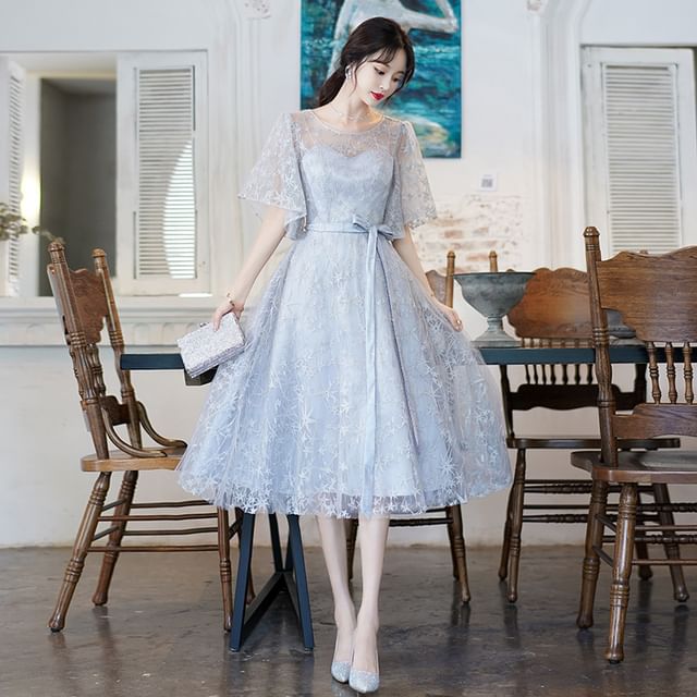 Short-Sleeve Round Neck Mesh Overlay Bow Midi A-Line Evening Dress