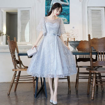 Short-Sleeve Round Neck Mesh Overlay Bow Midi A-Line Evening Dress