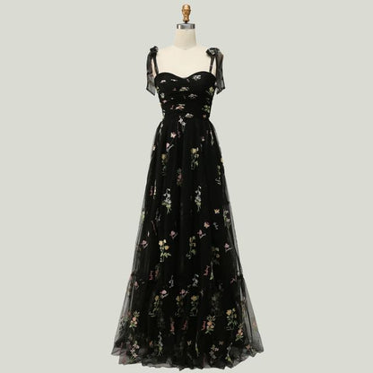 Spaghetti Evening Mesh Gown A-Line Embroidered Floral Strap