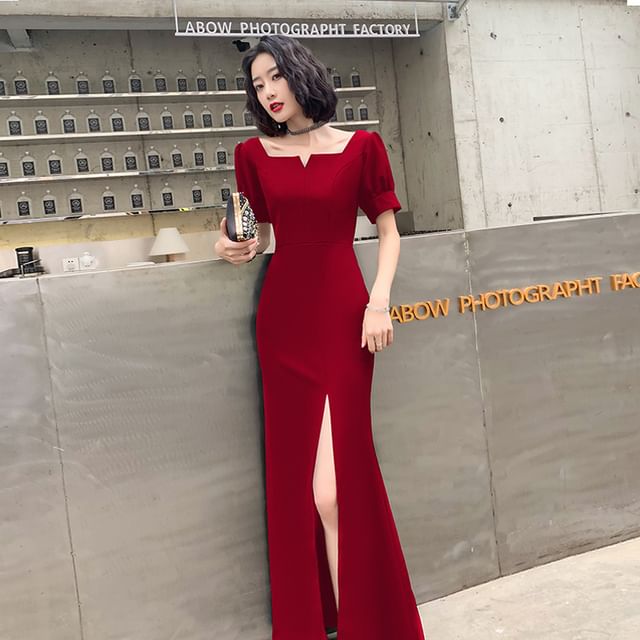 Short-Sleeve Plain Maxi Sheath Evening Dress