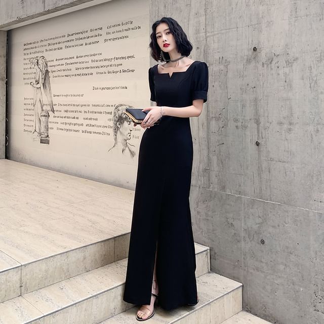Short-Sleeve Plain Maxi Sheath Evening Dress