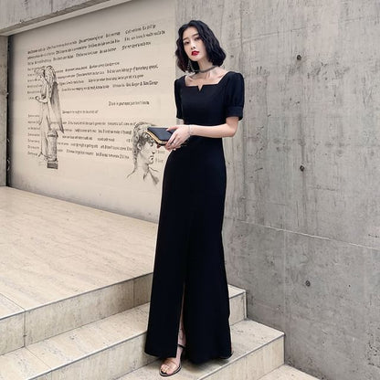 Short-Sleeve Plain Maxi Sheath Evening Dress