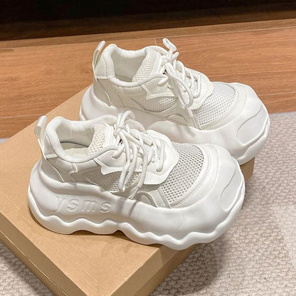 Platform Mesh Panel Lace-Up Faux Leather Sneakers
