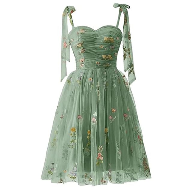 Spaghetti Strap Floral Embroidered Mesh Mini A-Line Cocktail Dress
