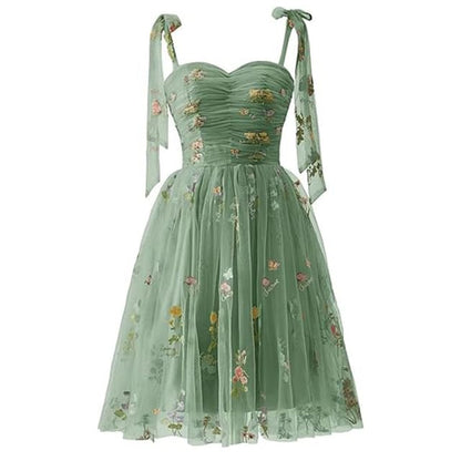 Spaghetti Strap Floral Embroidered Mesh Mini A-Line Cocktail Dress