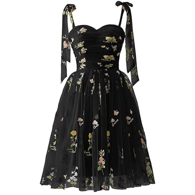 Spaghetti Strap Floral Embroidered Mesh Mini A-Line Cocktail Dress