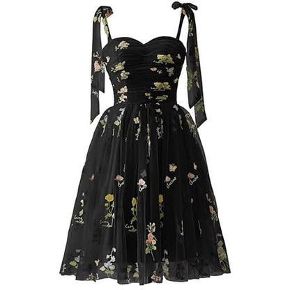 Spaghetti Strap Floral Embroidered Mesh Mini A-Line Cocktail Dress