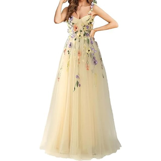 Spaghetti Strap Floral Embroidered Mesh A-Line Evening Gown