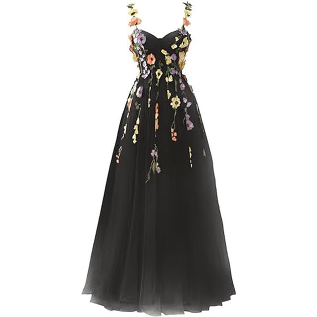 Spaghetti Strap Floral Embroidered Mesh A-Line Evening Gown