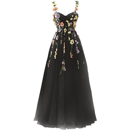 Spaghetti Strap Floral Embroidered Mesh A-Line Evening Gown