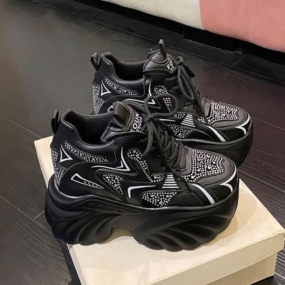 Hidden Wedge Rhinestone Lace-Up Faux Leather Sneakers