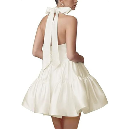 Sleeveless Halter Plain Open Back Tiered Mini A-Line Cocktail Dress