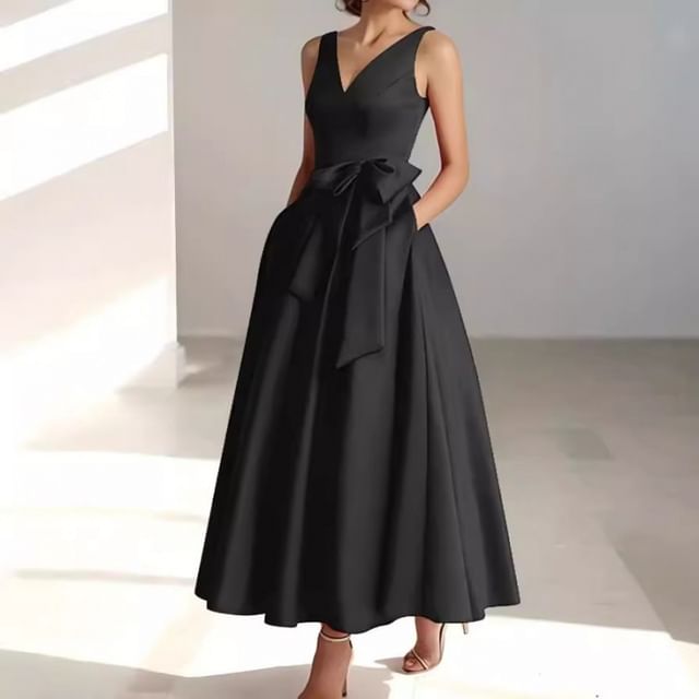 Sleeveless V-Neck Plain Bow Midi A-Line Evening Dress