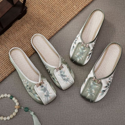 Floral Embroidered Panel Mules