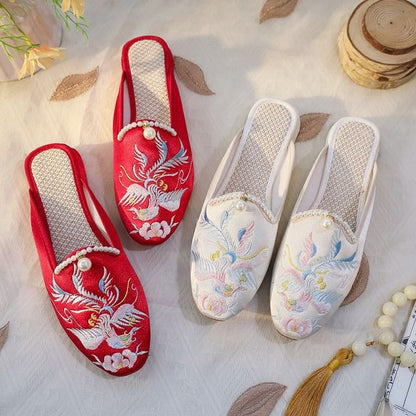 Embroidered Faux Pearl Mules