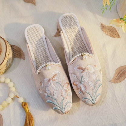 Floral Embroidered Faux Pearl Mules