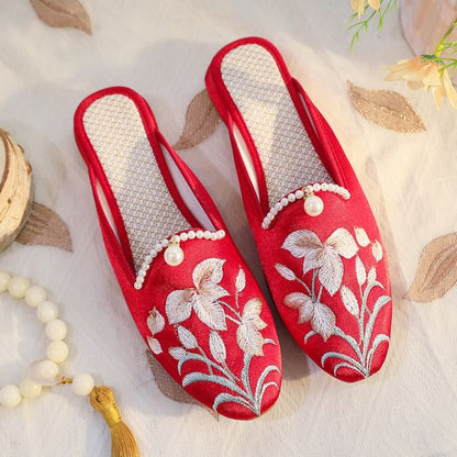 Floral Embroidered Faux Pearl Mules