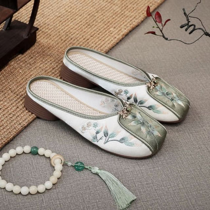 Floral Embroidered Panel Mules