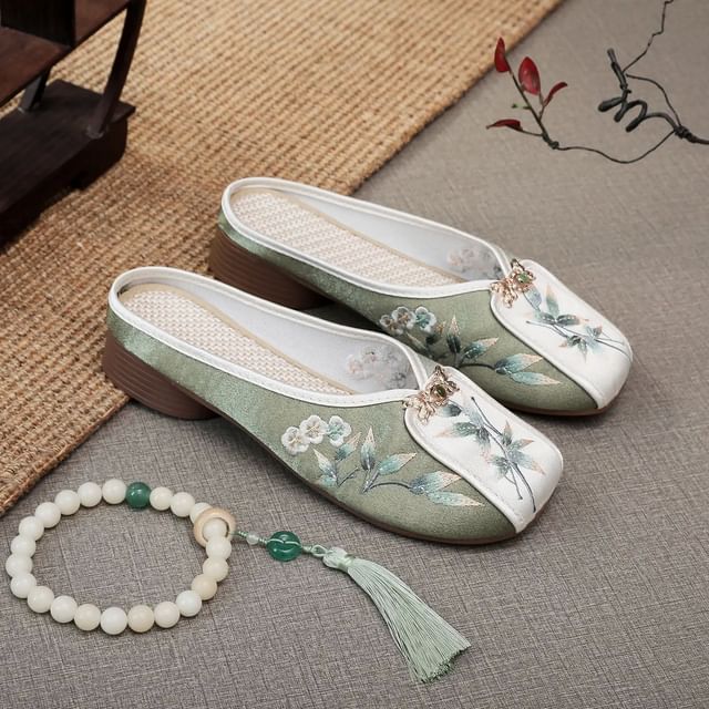 Floral Embroidered Panel Mules