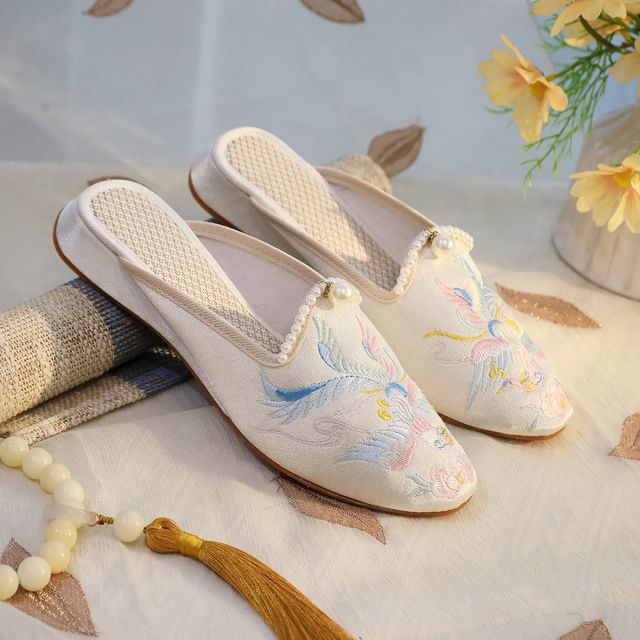 Embroidered Faux Pearl Mules