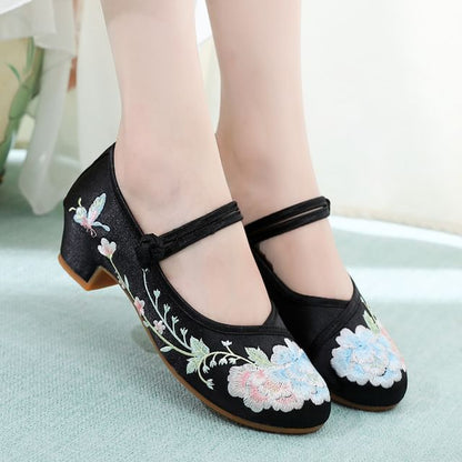 Block Heel Floral Embroidery Pumps