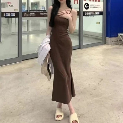Plain Midi Mermaid Dress with Spaghetti Straps
