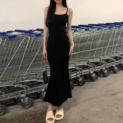 Plain Midi Mermaid Dress with Spaghetti Straps